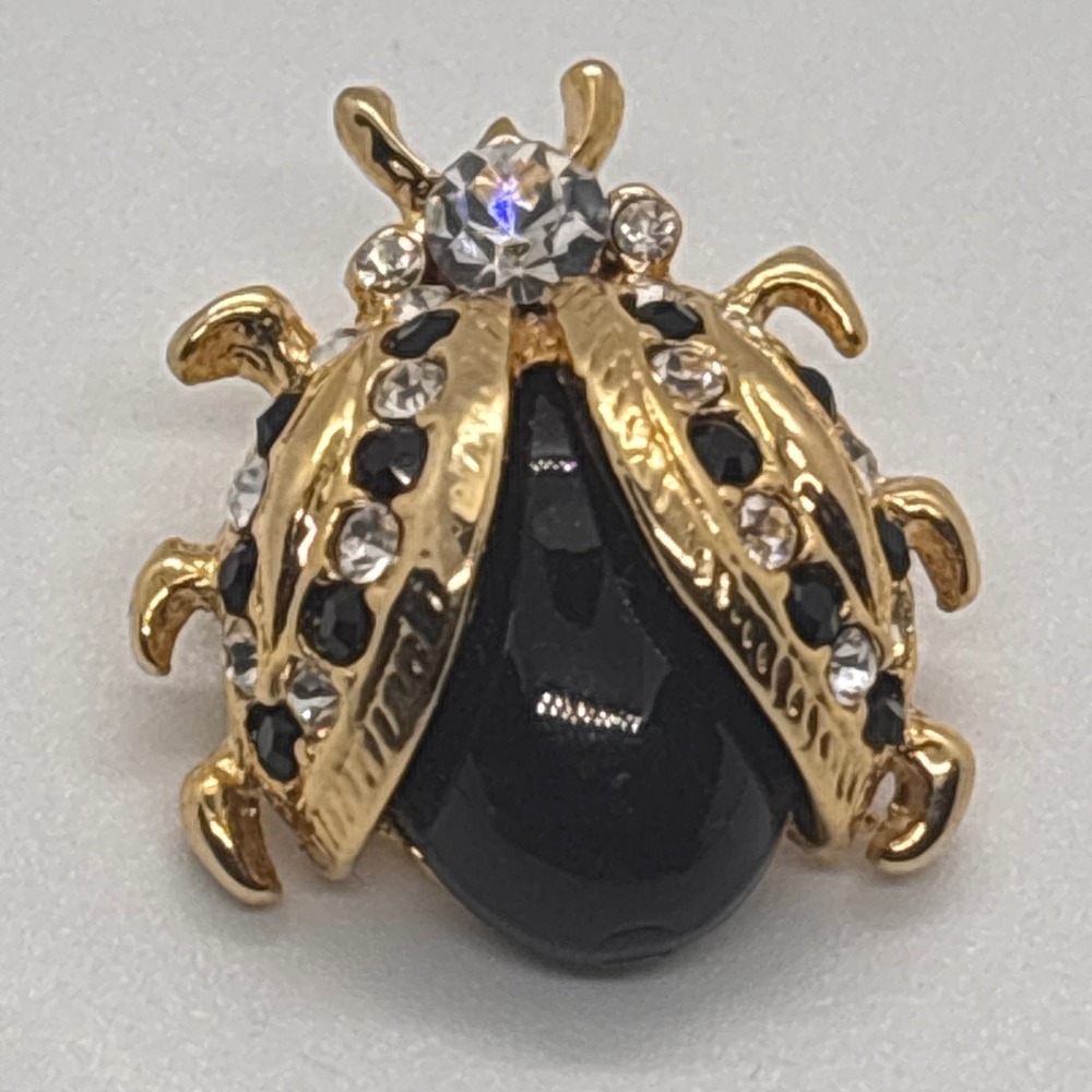 Gold Tone Ladybug Brooch Black Gem Clear Crystal Accent Women Costume‎ Jewelry